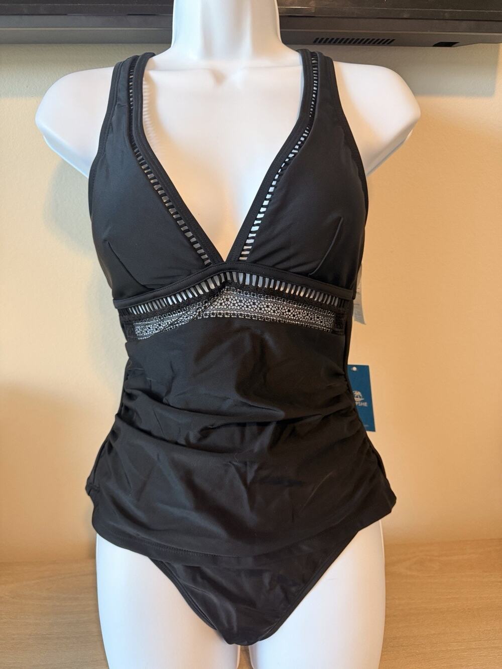 Cupshe Black Tankini Swimsuit Set Womens Size Small Lace Trim Cross Back NWT